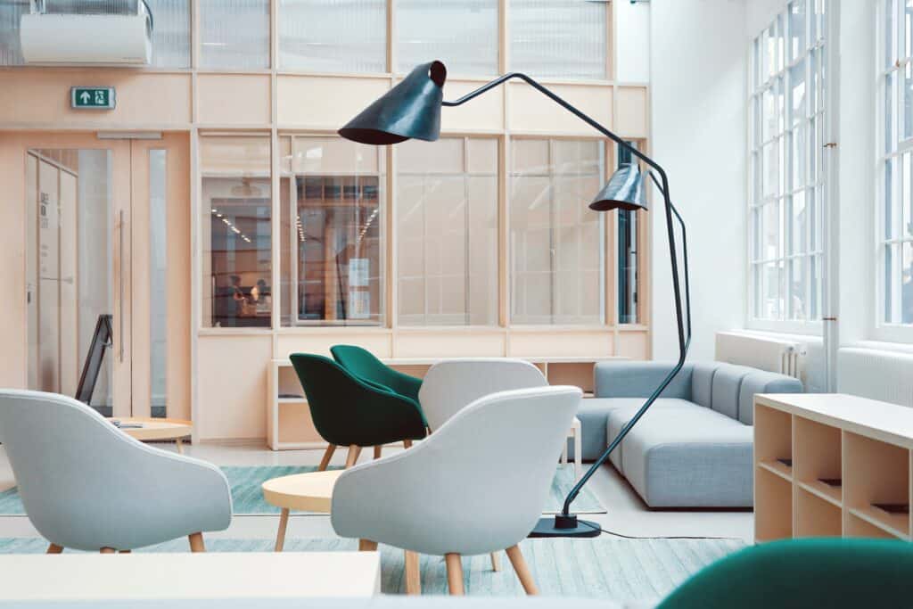 Office space with chairs and sofas